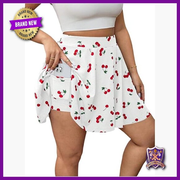 Pants - Plus Size High Waist Wide Leg Skorts Cherry Print Casual Wear
